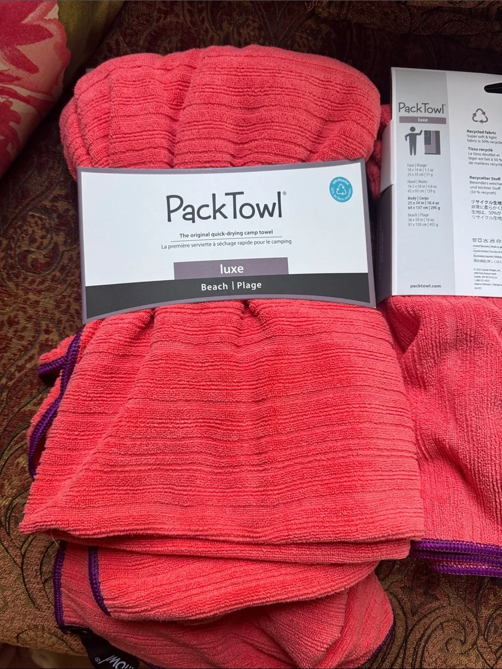 PackTowl Luxe set 4 Lightweight Microfiber Camping Travel towel coral NEW NWT
